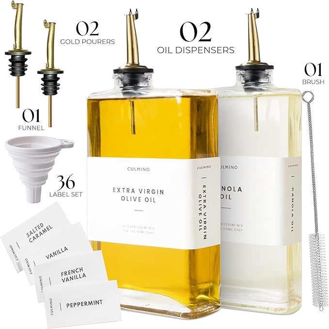 Premium Glass Olive Oil Dispenser Bottle 350ml | Cooking Oil and Vinegar Dispenser Set of 2 | Oil Dispenser for Kitchen with 2 Gold Pourers, Funnel, Brush & 36 Labels-Ruum Studio Home
