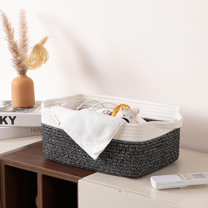 OIAHOMY 3 Pack Storage Baskets for Organizing, Woven Cotton Rope Basket for Shelves, Closet Organizer Bins with Handles, Rectangle Toy Organization, 13.78''×9.84''×5.5'', Black & White-Ruum Studio Home