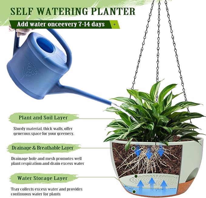Hanging Planters for Outdoor Indoor Plants, 2 Pack 12 Inch Hanging Basket Plants Outdoor, Self Watering Hanging Planter with Plant Hanger for Garden Home Decoration (2 Type Plant Hangers Green)-Ruum Studio Home