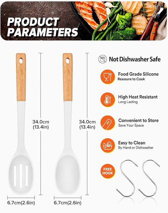 Silicone Cooking Spoons, Great for Scooping Sides and Serving Hearty Stews, BPA-Free Matte Silicone, Wooden Handle Serving Spoon for Nonstick Cooking Surfaces (White)-Ruum Studio Home