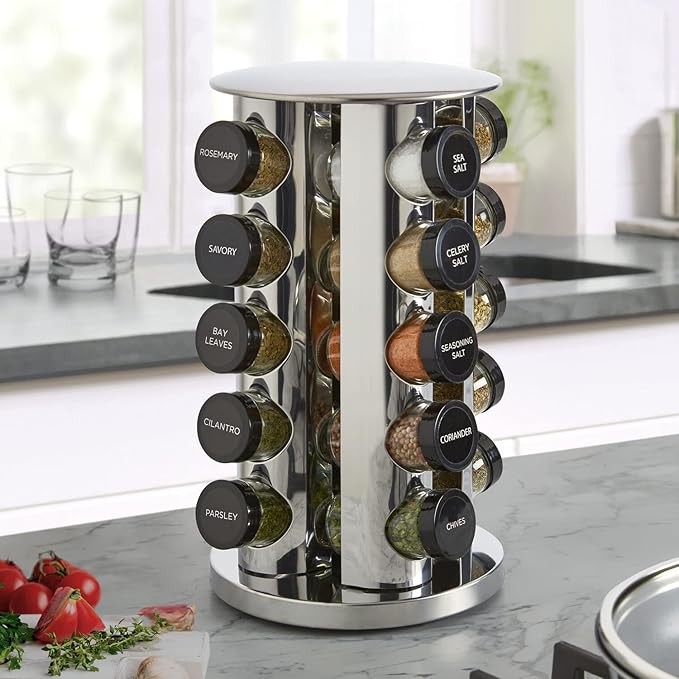 Kamenstein 20 Jar Revolving Countertop Spice Rack with Spices Included, FREE Spice Refills for 5 Years, Polished Stainless Steel with Black Caps, 30020 (Pack of 3)-Ruum Studio Home
