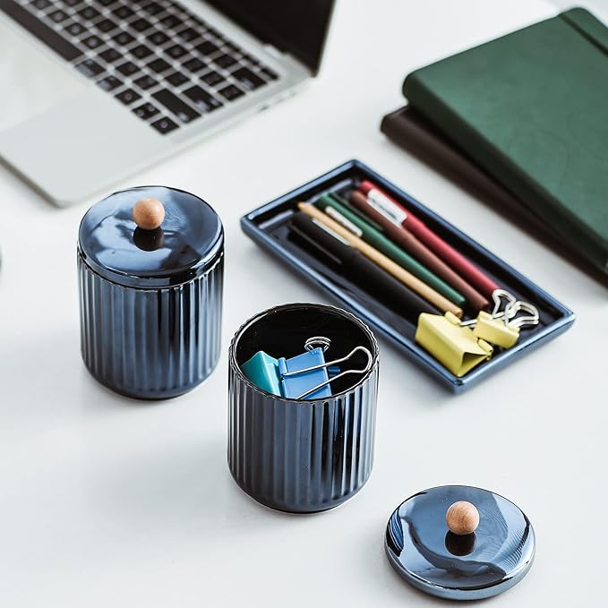 Qtip Holder Bathroom Set with Tray(3PCS) - 2 Piece 12 oz Blue Apothecary Jar Canister with Lid and 1 Pack Ceramic Vanity Tray-Ruum Studio Home