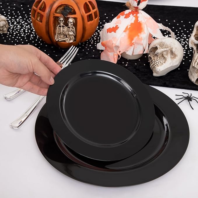 FLOWERCAT 60PCS Black Plastic Plates - Heavy Duty Black Disposable Plates for 30 guests Halloween Party/Wedding/New Year - Include 30PCS 10.25inch Dinner Plates and 30PCS 7.5inch Dessert Plates-Ruum Studio Home
