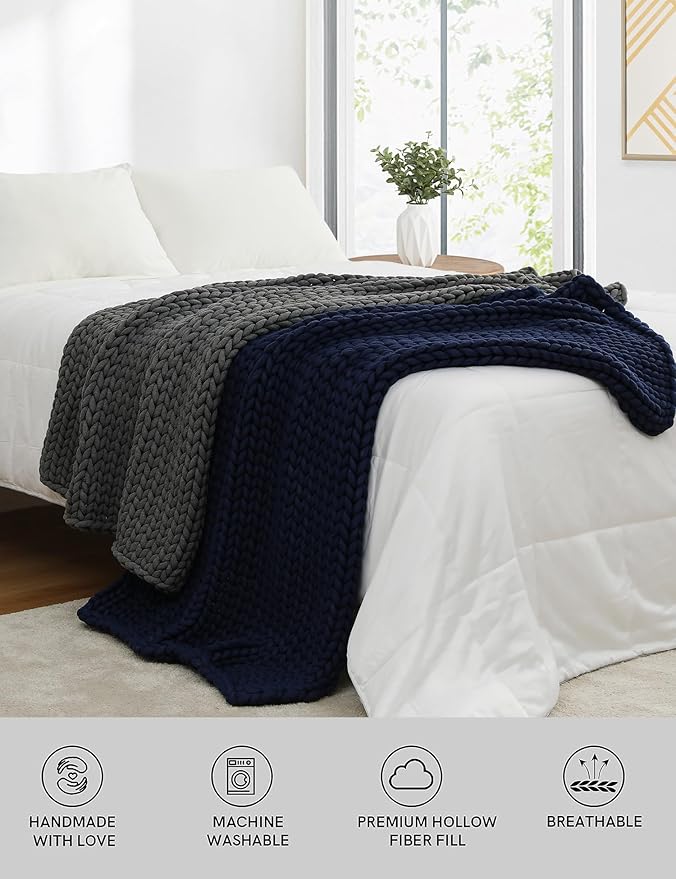 YnM Chunky Throw Blanket, Medium-Weight, Hand Knitted, Skin Friendly, Ventilated and Breathable, Machine Washable, Home Décor Piece for Couch, Sofa and Bed (Indigo Blue, 40x50 Inch)-Ruum Studio Home
