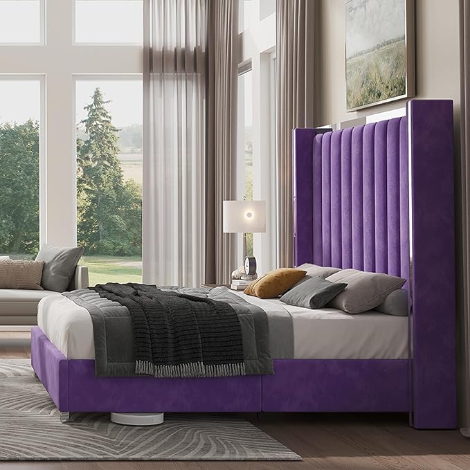 Jocisland Queen Bed Frame with 58" Tall Headboard, Velvet Upholstered Platform Bed with Channel Tufted Wingback Headboard and Plating Trim, No Box Spring Needed, Purple-Ruum Studio Home