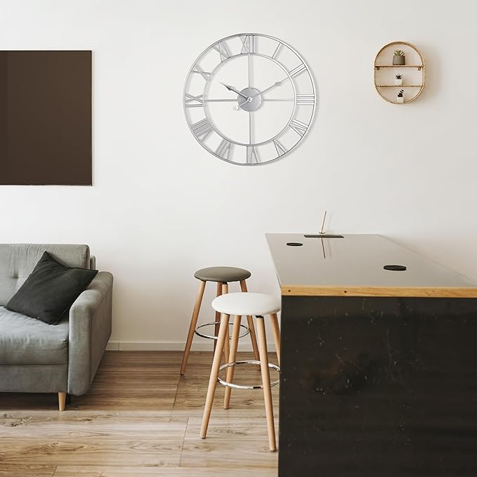 Large Wall Clock - 80cm/ 32 Inches, Silver, Non-Ticking, Battery Operated, Vintage Modern Wall Clock for Living Room, Bedroom, Office, Farmhouse Decor