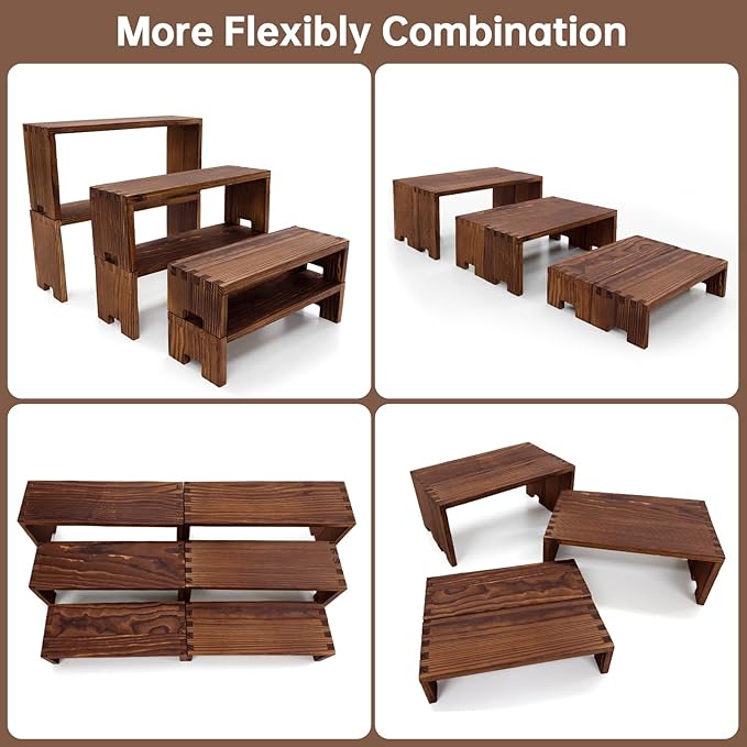Display Wood Risers Wooden Stand 3 Tier 4 Set 12 Pieces Tiered Desert Wooden Stands Decorative Rectangular Display Cupcake Stands Cologne Perfume Racks(Brown)-Ruum Studio Home