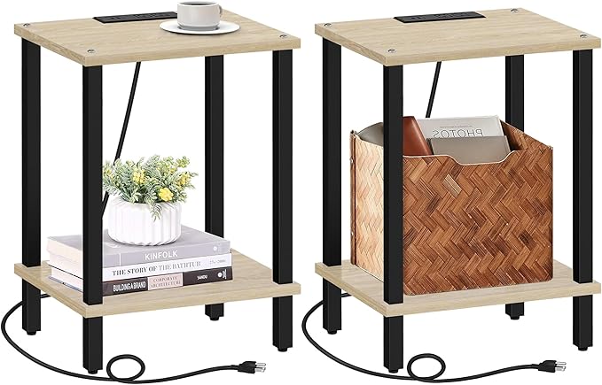 TUTOTAK End Table with Charging Station, Set of 2, Small Side Table with Outlets, Nightstand Bedside Table, 2-Tier Storage Shelf for Small Space, Living Room, Bedroom Oak TB01BO041-Ruum Studio Home