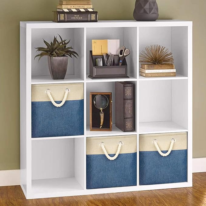 i BKGOO 3Pack Large Foldable Storage Bins，Collapsible Sturdy Cationic Fabric Organizing Storage Basket Cube with Cotton Handles for Home Office Shelf Clothes Toys Khaki-Blue 13×13×13 inch-Ruum Studio Home