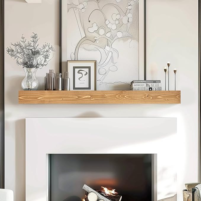 48x8x3 Fireplace Mantel - Handcrafted Hollow Rustic Solid Wood Wall Mounted Floating Shelf with Invisible Heavy Duty Wood Bracket (Natural Wood)-Ruum Studio Home