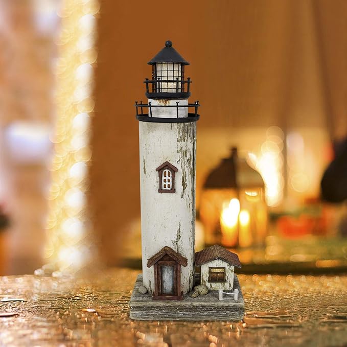 Linfevisi Wood Lighthouse Decor Rustic LED Light House Decor Wooden Decorative Nautical Lighthouse Statue Coastal Beach Themed Lighthouse Handcrafted Tabletop Decoration Home Bathroom (12")-Ruum Studio Home
