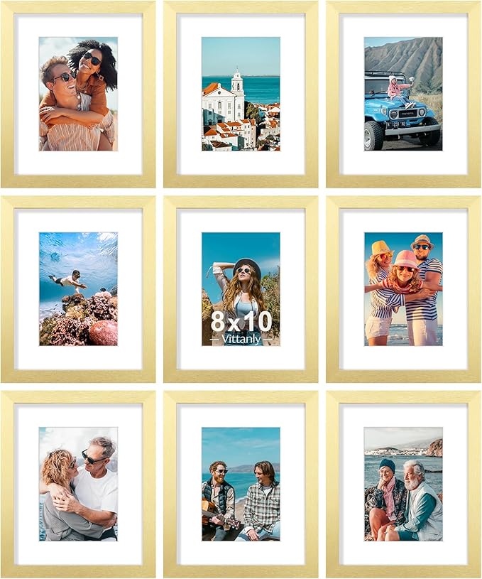 Vittanly 8x10 Picture Frames Set of 9, Shatter Resistant Plexiglass, Display 5x7 Pictures with Mat or 8x10 without Mat, Photo Frames for Wall or Tabletop, Engineered Wood, Gold-Ruum Studio Home