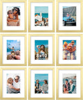 Vittanly 8x10 Picture Frames Set of 9, Shatter Resistant Plexiglass, Display 5x7 Pictures with Mat or 8x10 without Mat, Photo Frames for Wall or Tabletop, Engineered Wood, Gold-Ruum Studio Home