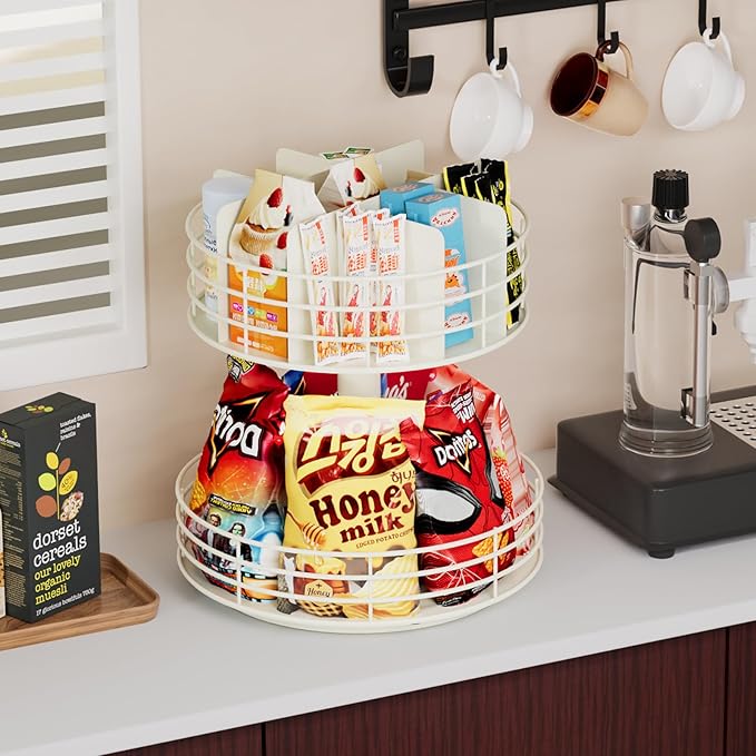 Snack Organizer - Versatile Snack Storage 2 Tier Lazy Susan with Convenient Grab-and-Go Design, Metal Snack Holder for Home, Office, Breakroom, 12.13" L x 12.13" W x 12.56" H (Matte White)-Ruum Studio Home