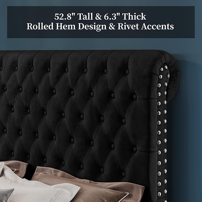 PaPaJet King Bed Frame Upholstered Platform Bed Frame with 52.8'' Tall Sleigh Headboard, Button Tufted, No Box Spring Needed, Easy Assembly, Black-Ruum Studio Home