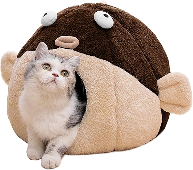 Cat Beds for Indoor Cats - Cat Bed Cave with Removable Washable Cushioned Pillow, Soft Plush Premium Cotton No Deformation Pet Bed, Lively Pufferfish Cat House Design, Brown, Multiple Sizes(L)-Ruum Studio Home