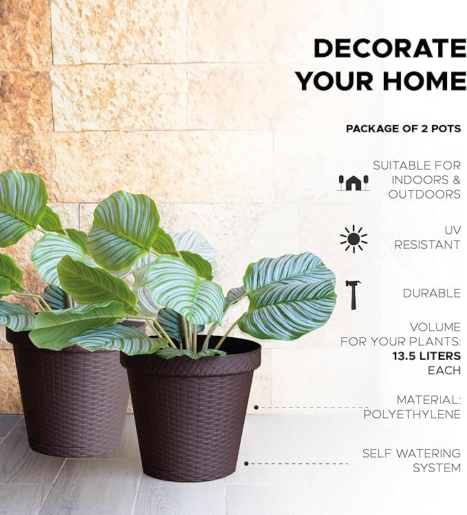 Elly Décor Set of 2 12 inch Round Saucer Modern Self Watering Planter Plates, Pots with Rattan-Like Finish, 12x12 Chocolate Brown-Ruum Studio Home
