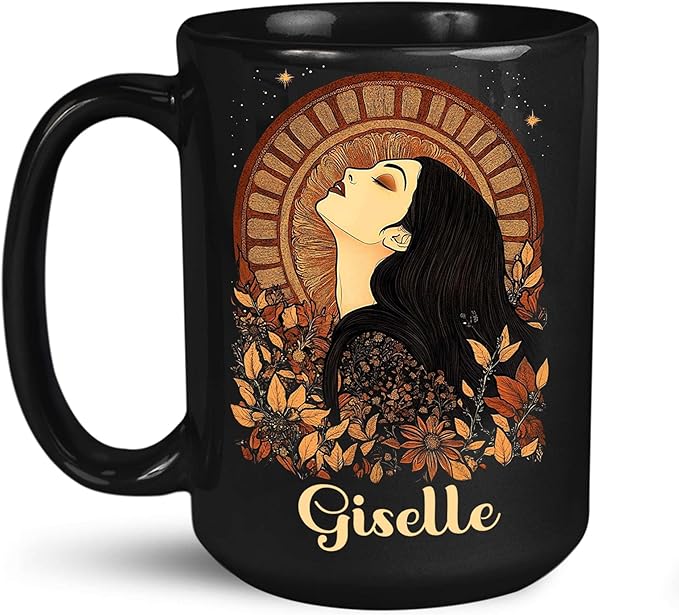Elegant Woman Coffee Mug with Custom Name, Autumn Themed Ceramic Cup 11oz 15oz, Unique Fall Inspired Black Mug for Women, Personalized Women's Day Coffee Cup, Gifts for Holiday-Ruum Studio Home
