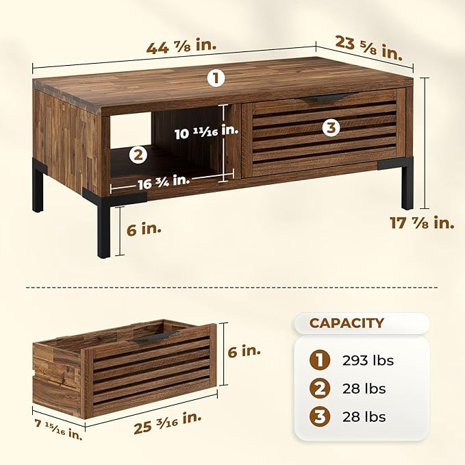 Bme Millie Coffee Tables for Living Room - Industrial Rustic - Two Drawers - Open Shelf - Rustic Scuffed Texture - Convenient Metal Handle and Sturdy Legs with Levelers - Easy Assembly - Chestnut-Ruum Studio Home