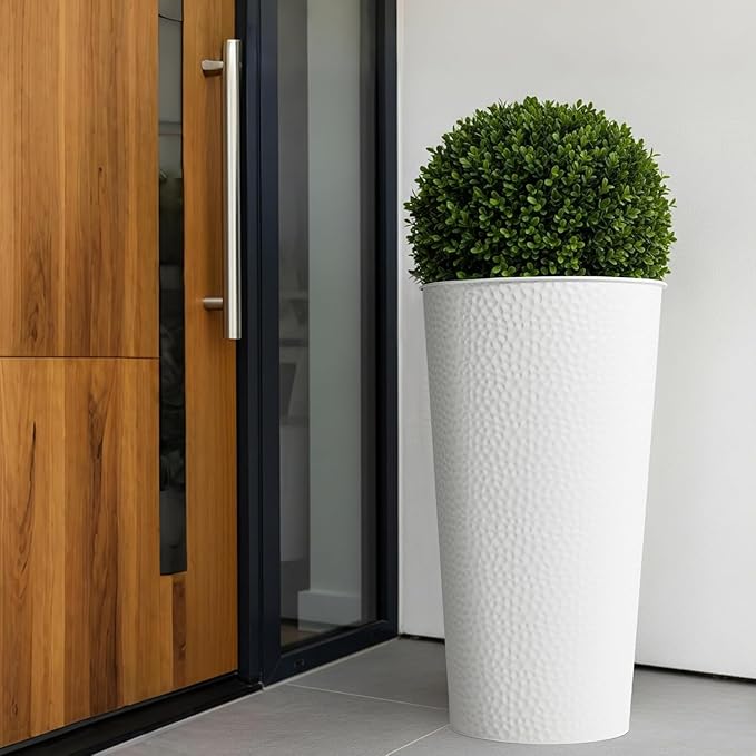 Worth Garden 2-Pack 28" H. Metal Planter with 2X Inside Pots - Hand-Hammered Texture Tall Cone Plant Pots - Large Handcrafted Flower Pot for Indoor Outdoor, Deck, Patio, Front Porch - White-Ruum Studio Home