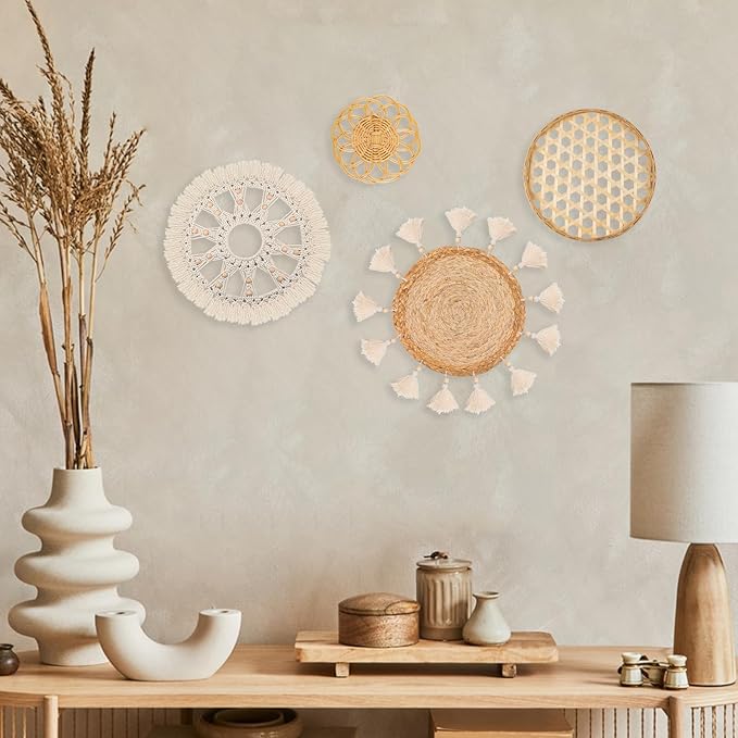 Boho Wall Basket Decor Set of 4 - Flat Woven Basket Wall Hanging Decor,Round Tassels White Macrame Tapestry Wall Decor Art,Handmade Rattan Wicker Seagrass Home Wall Baskets Decor(Wooden Beads Style)-Ruum Studio Home