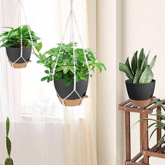 41.5 Inch Macrame Plant Hanger Indoor Outdoor with 12 Inch Flower Pot, Hanging Planter for Plants Holder with Wood Beads for Boho Home Decor (Ivory+Black)-Ruum Studio Home