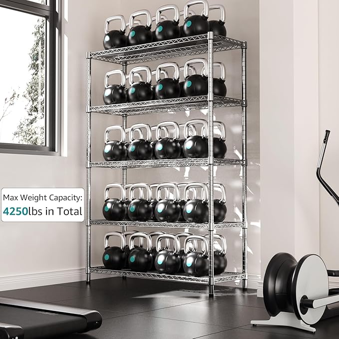 IZEUK 4250 LBS Garage Shelving Wide Storage Shelves 5 Tier Metal Shelves Heavy Duty Adjustable Utility Shelf Rack Chrome 17.7" D x 59.1" W x 70.4" H-Ruum Studio Home