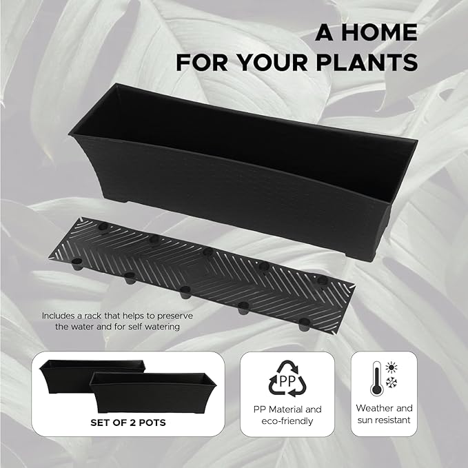 Elly Décor Set of 2 18x8 Rectangular Modern, Resistant and Self Watering Planter with Rattan-Like Finish, 18", Gray-Ruum Studio Home