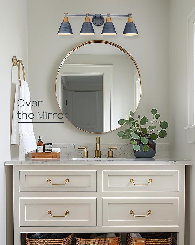 FEMILA 4-Light Bathroom Light Fixtures, Farmhouse Modern Vanity Lights Wall Lamp with Hammered Metal Shade Finish, Dark Blue, 4FG59B-4W Blue-Ruum Studio Home