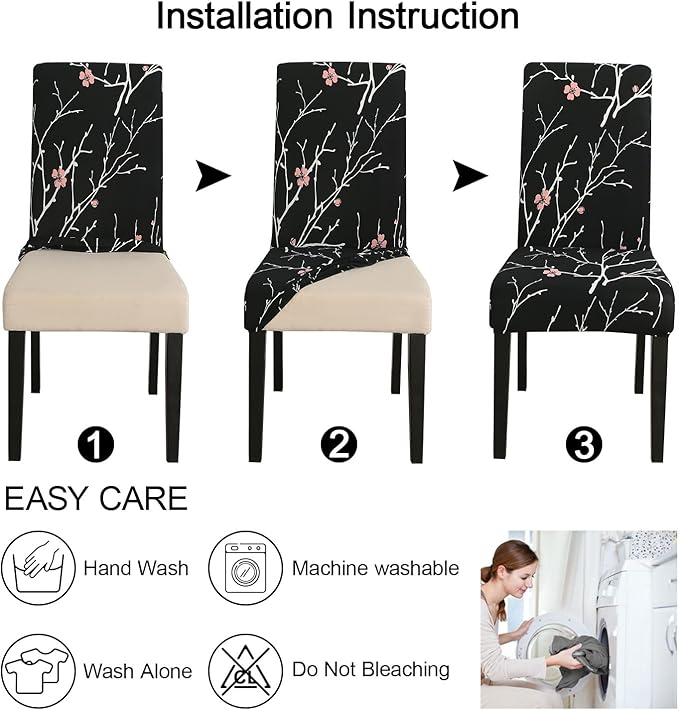 JQinHome Pattern Chair Covers for Dining Room Set of 4, High Stretch Removable Washable Parsons Chair Slipcover for Home Party Hotel Wedding Ceremony (Flourish Black,4PCS)-Ruum Studio Home
