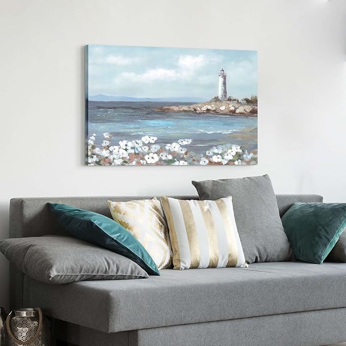 cozy country Lighthouse Wall Art 45"x30" - Coastal Pictures Beach Canvas Ocean Decor - Nautical Artwork Seascape Hand Painting for Living Room, Bedroom, Sea House-Ruum Studio Home