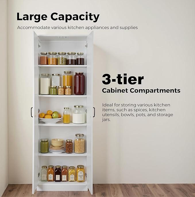 71" Tall Pantry Cabinet/Storage Cabinet, Wood Cupboard with 2 Door and 3 Adjustable Shelves for Kitchen, Dining Room, Living Room, Bathroom (Style 2)-Ruum Studio Home