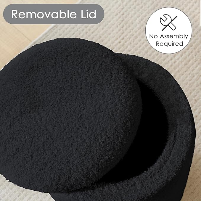 YFO Round Boucle Ottoman with Storage, Multifunctional Upholstered Vanity Chairs for Makeup, Soft Padded Seat with Removable Lid, Modern Rest Stool Seat for Living Room, Bedroom, Black-Ruum Studio Home