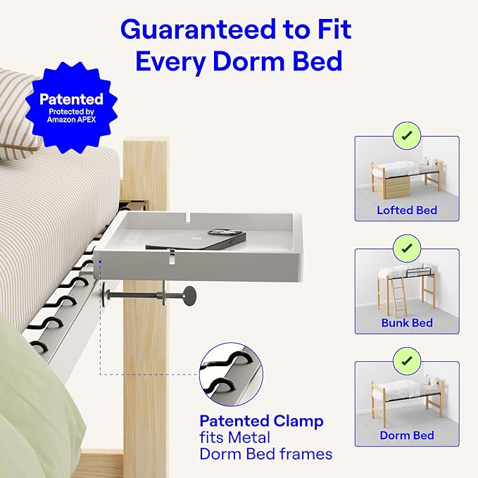 BedShelfie Bedside Shelf for Bunk Bed & Top Bunk, College Dorm Room Essentials, Loft Nightstand, Floating Bed Side Table Tray Storage, Dorm Room Decor by Smallish - (Flexfit Model, White)-Ruum Studio Home