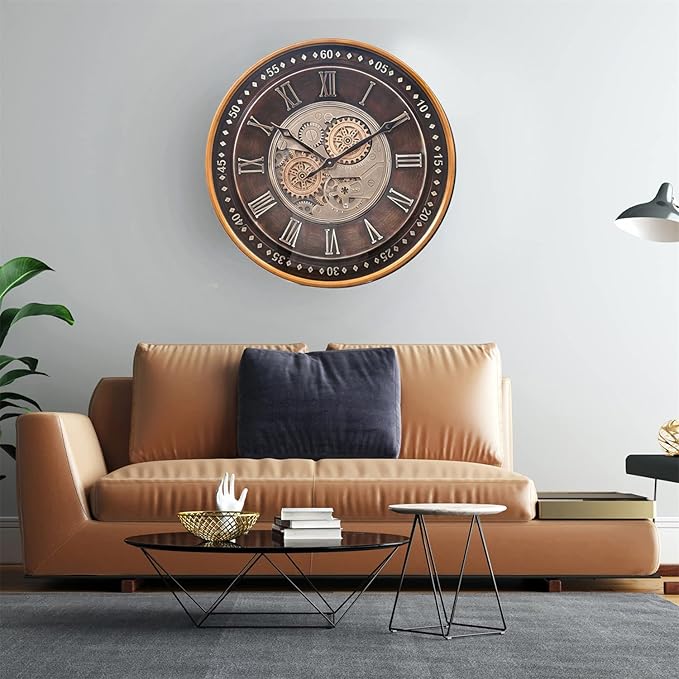 CLXEAST 24 Inch Wall Clock with Moving Gears,Oversized Large Industrial Steampunk Clock, Antique Gold Metal Roman Numeral Wall Clocks for Farmhouse Living Room Decor-Ruum Studio Home
