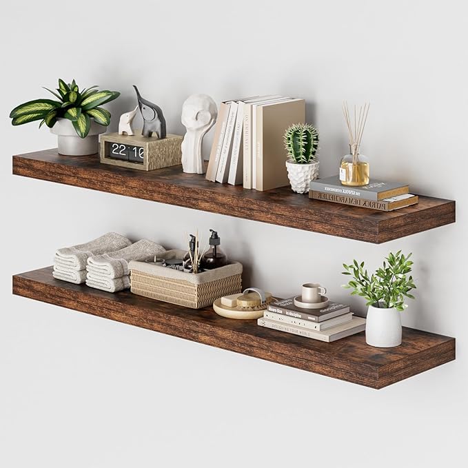 Heimlove 48W x 12D Long Floating Shelf, 12 Inch Deep Floating Shelves for Wall Set of 2, Wood Shelves for Bedroom Living Room Bathroom Kitchen Home Office, Rustic Brown-Ruum Studio Home