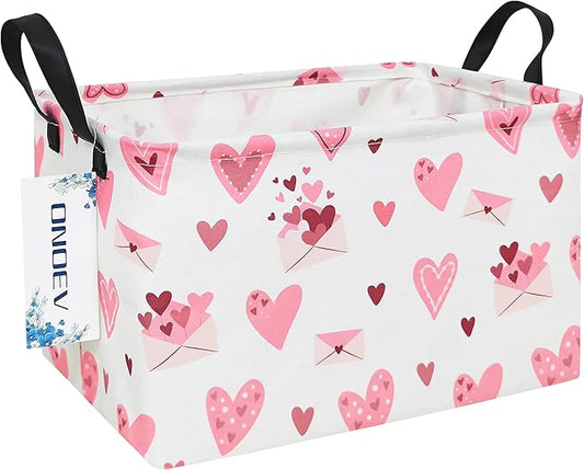 Rectangular Folding Laundry Basket,waterproof Canvas Basket,gift basket,Suitable for children's room,Office,Clothes,Toys Storage(Pink Love)-Ruum Studio Home