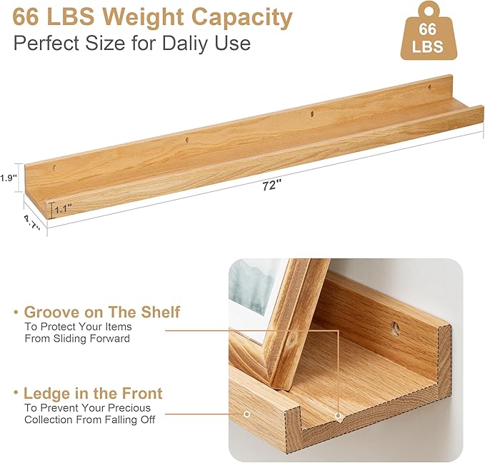 Floating Picture Ledge Shelves 72 Inch Solid Oak Wood Set of 2, Rustic Wall Storage Shelves with Lip, Kids Bookshelf, Photo & Picture Ledge Shelves for Bedroom, Living Room, Kitchen-Ruum Studio Home