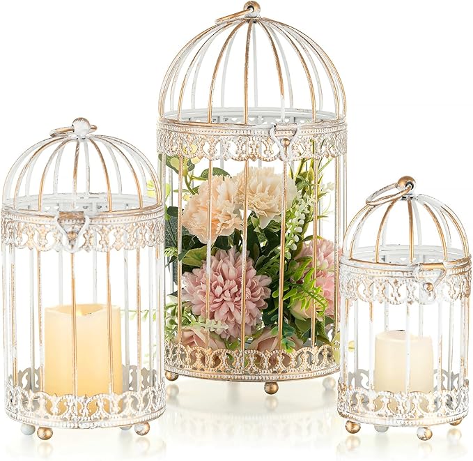 NUPTIO Decorative Candle Lanterns White: 3 Pcs Distressed White Metal Bird Cage Indoors Lantern Centerpiece Assorted Rustic Birdcage Pillar Candle Holders for Home Living Room Porch Office Decoration-Ruum Studio Home