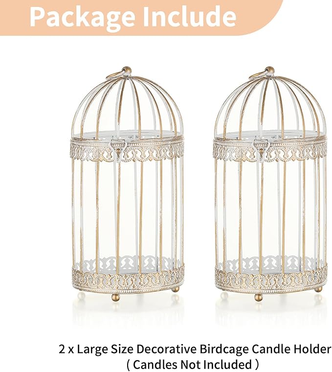 NUPTIO Decorative Bird Cage Lantern: 2 Set of 10 inch Tall Rustic White Birdcage Lanterns Centerpiece Vintage Decorating Metal Pillar Candle Holder for Christmas Bridal Shower Party Decor-Ruum Studio Home