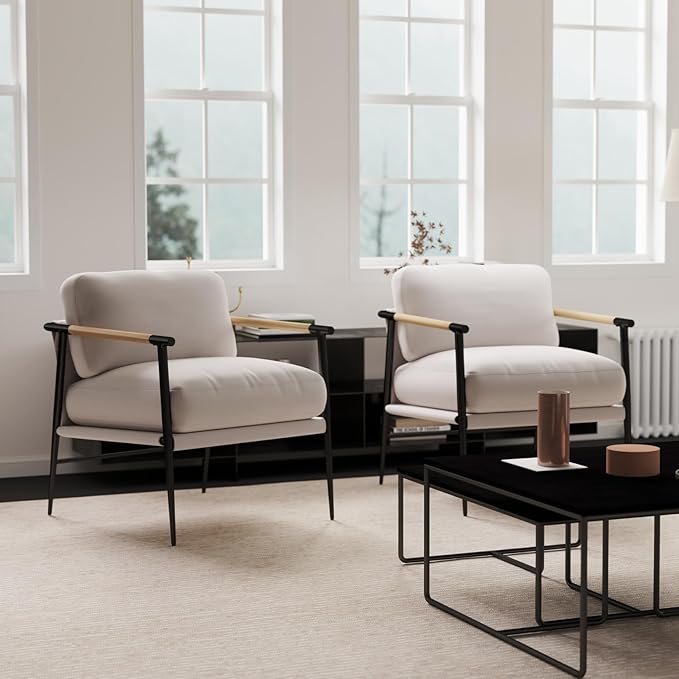 Mid-Century Accent Chair Set of 2, Soft Armchair Chenille Fabric Lounge Chair with Black Metal Legs, Upholstered Leisure Chair for Living Room Bedroom Reception Room, Beige-Ruum Studio Home