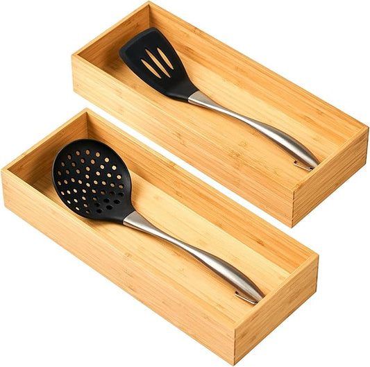 Umilife Bamboo Kitchen Utensils Organizer, Extra High Silverware Drawer Tray, Flatware Cutlery Storage Box, Multi-Use Holder in Office, Bathroom, Pantry - 15"x6"x2.5" (Set of 2)-Ruum Studio Home