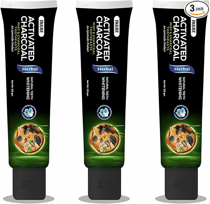 Jagat Activated Charcoal Toothpaste, Teeth Whitening Mint Flavor Toothpaste, Fluoride Free Natural, Removes Plaque, No Artificial Colors, BPA Free, Gum Cure, Vegan - Pack of 3 (4.4 OZ X 3 Tubes)-Ruum Studio Home