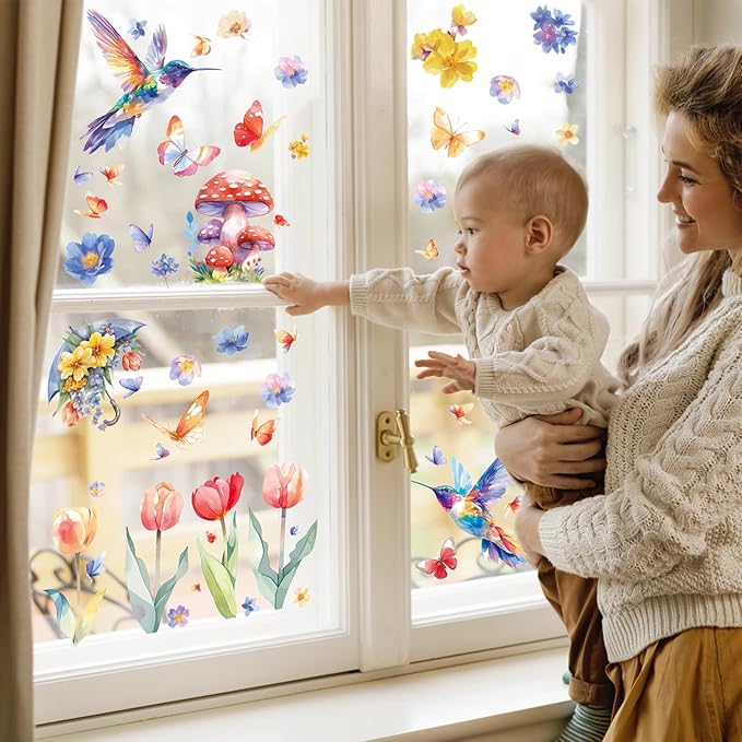 DC-BEAUTIFUL 116 PCS Spring Window Clings, 9 Sheets Double-Sided Hummingbird Butterfly Flower Easter Window Stickers, Reusable Static Floral Window Decals for Home School Office Party Decors-Ruum Studio Home