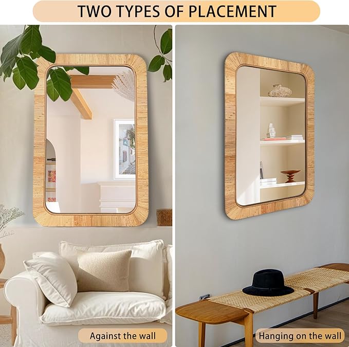 24x36 inch Rattan Rectangular Mirror for Wall, Bohemia Bathroom/Farmhouse Boho Mirrors, Vanity Irragular Decorative Mirror, Suitable for, Nursery, Bedroom, Living Room, Home Decoration-Ruum Studio Home