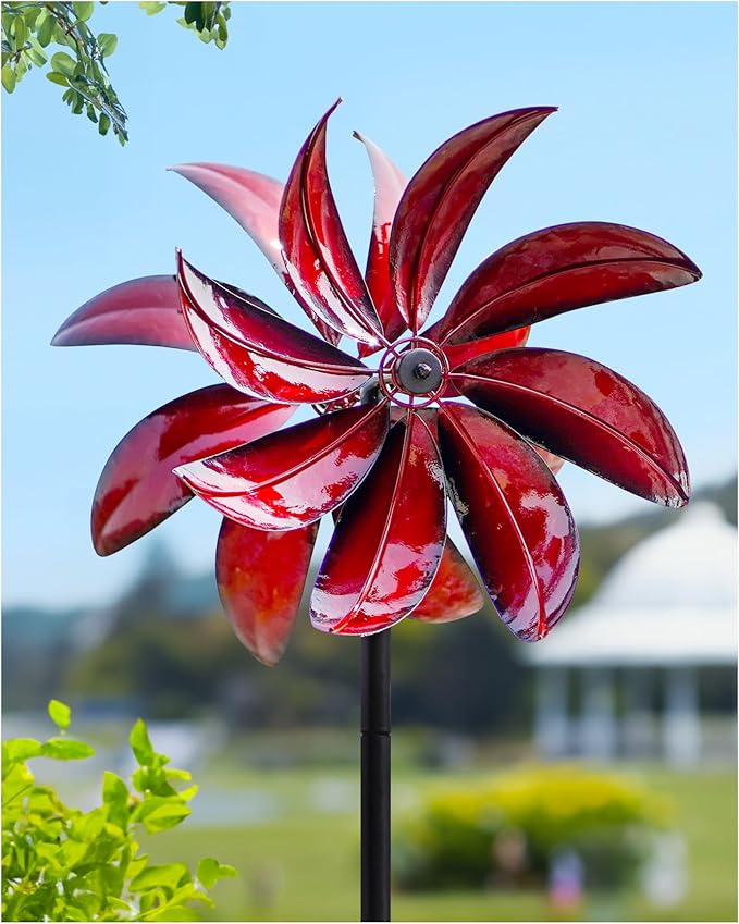 Wind Spinners Outdoor - Red Metal Windmill with Stake for Yard and Garden, Kinetic Wind Sculptures & Spinners, Gift Decor Ideas for Garden Lovers (12" W x 70" H)-Ruum Studio Home