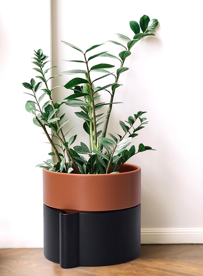 8 Inch Self-Watering Planter Pot with Terracotta Insert, Deep Water Reservoir, and Ceramic-Alike BPA-Free Plastic Planter Pot for Plant, Modern Planter for Houseplants, Black/Terracotta, 53-B-T-5-Ruum Studio Home