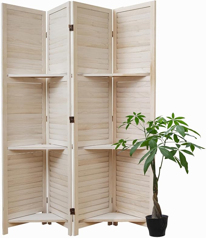 Room Divider with Shelves, 5.6 Ft Tall Folding Wood Screen with Double Hinges for Home Office Bedroom Hotel Decoration (4 Panels, White-Washed)-Ruum Studio Home