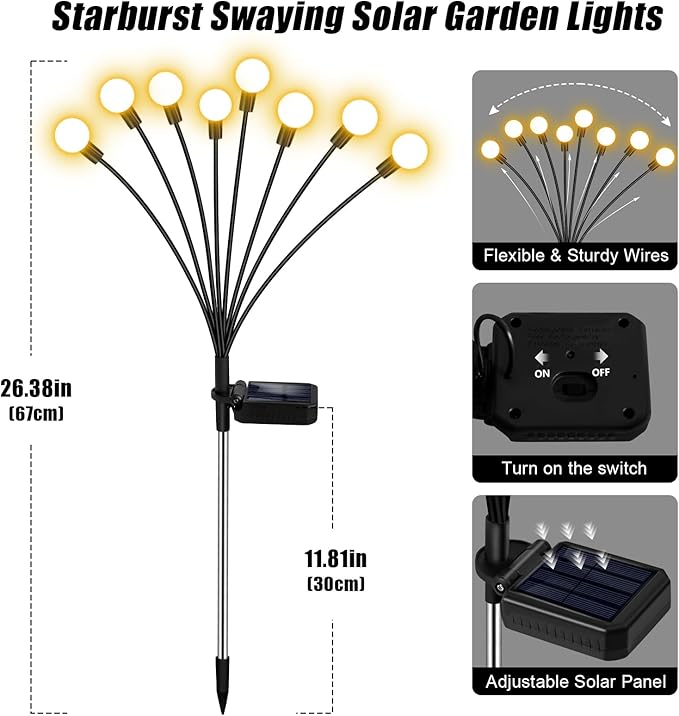 Solar Firefly Lights 16 LED Swaying Outdoor Waterproof Decorative Lights for Yard Patio Pathway Lawn Decorations (2 Pack, 8 Heads)-Ruum Studio Home