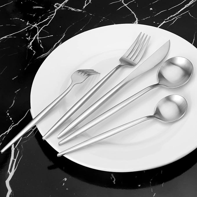 Matte Silverware Set, Vanys 20 Piece Stainless Steel Cutlery Flatware Set, Kitchen Utensil Sets for 4, Tableware With Knife Spoons And Forks Set, Satin Finished Polished-Ruum Studio Home